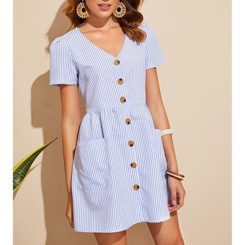 Blue Striped Fit & Flare Button Down Sundress - Picture 5 of 6